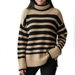 CAbi Tan & Black Striped Turtleneck Sweater